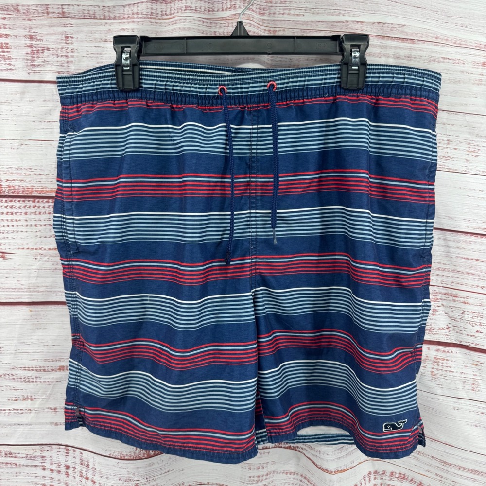 Vineyard Vines Swim Trunks Mens Medium Navy Blue Red Striped Board Shorts Mesh
